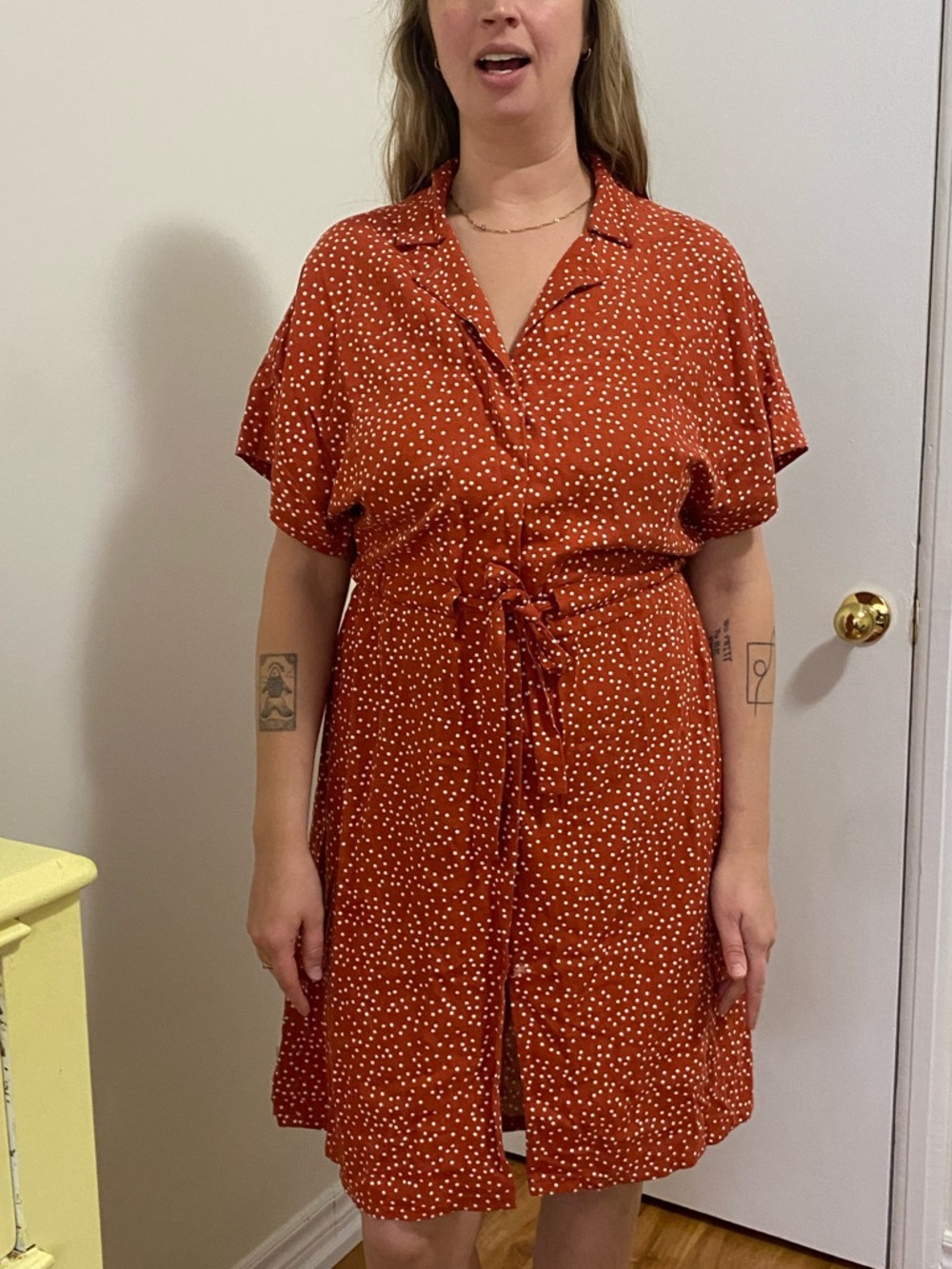 Rust Polka Dot Midi Dress with Tie-Waist
